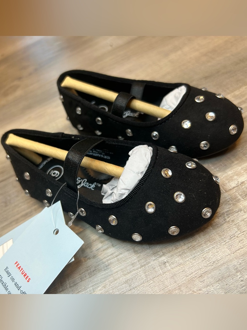 Cat & Jack Girls Studded Black Ballet Flats Round Toe Hook & Loop Closure